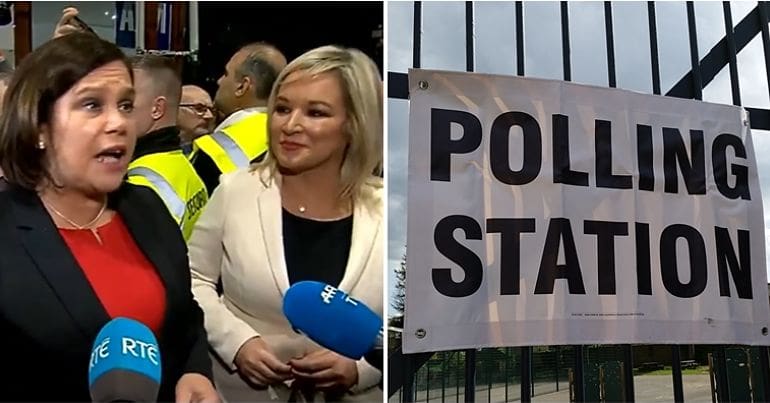 Mary Lou McDonald and Michelle O'Neill & Polling station sign