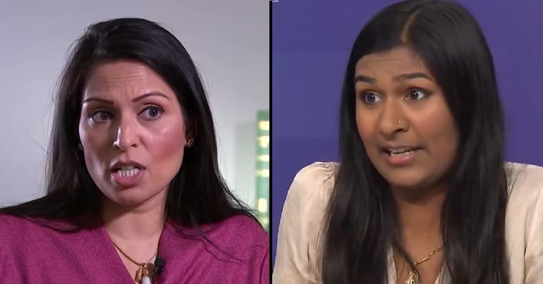 Split image: home secretary Priti Patel and journalist Ash Sarkar