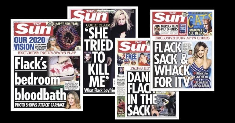 Front pages of The Sun reporting on TV presenter Caroline Flack