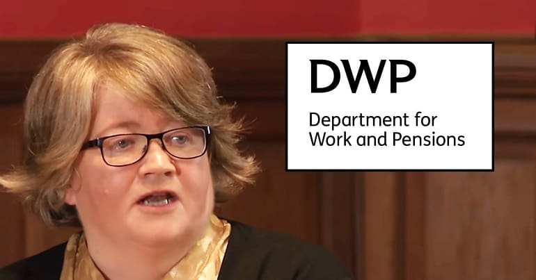 The DWP logo and Therese Coffey - a Universal Credit probe