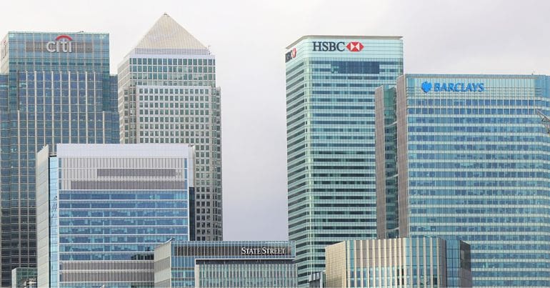 Skyline of banks at Canary Wharf, including HSBC and Barclays
