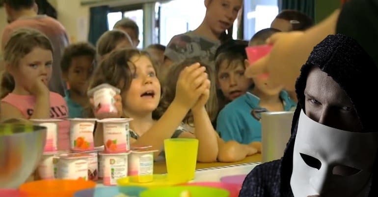 Children queuing for school meals and a scammer using coronavirus