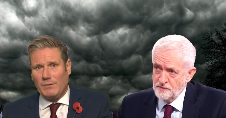 Keir Starmer Jeremy Corbyn and Storm Clouds