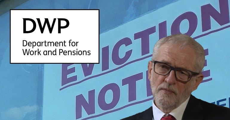 The DWP logo an eviction notice and Jeremy Corbyn