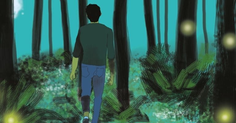 A man walking through a forest, from the graphic novel Thoreau and Me