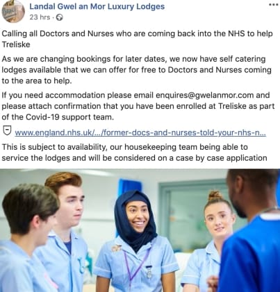 Facebook ad for free accommodation for NHS staff
