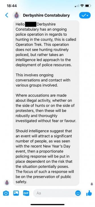 Derbyshire Constabulary Facebook post about Operation Trek