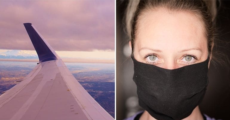 View from inside an airplane & home-made face mask