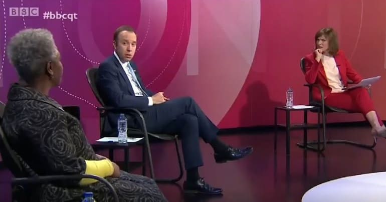 Donna Kinnair, Matt Hancock and Fiona Bruce on BBC Question Time