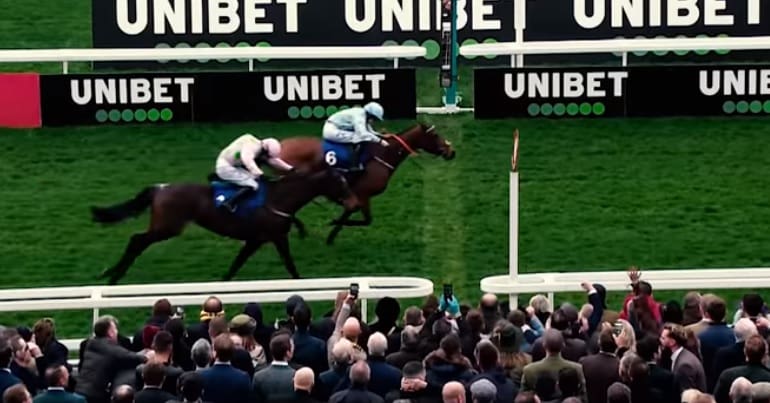 Cheltenham Festival horse race, with crowds cheering on