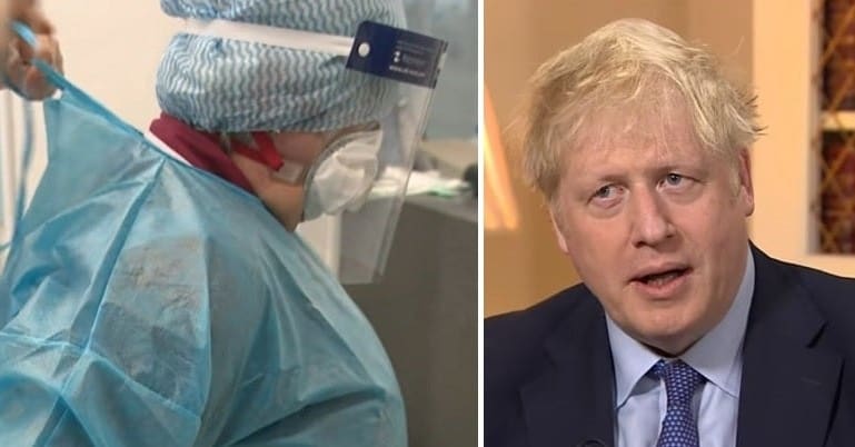 Person putting on PPE, and Boris Johnson