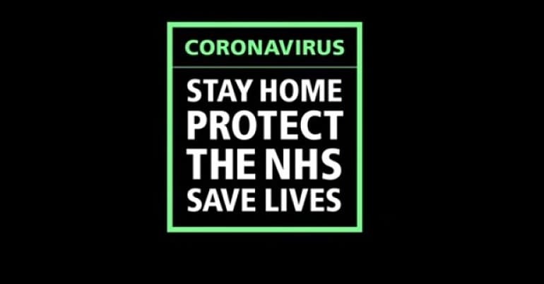 UK government coronavirus logo, reading 'Stay Home, Protect the NHS, Save Lives'