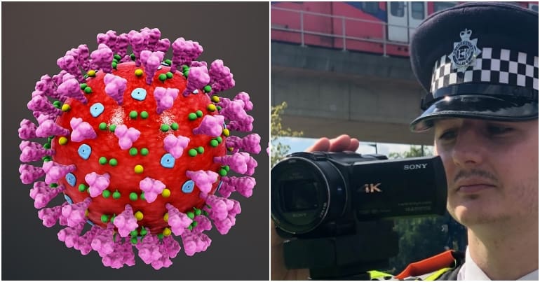 Coronavirus and a police officer with camera