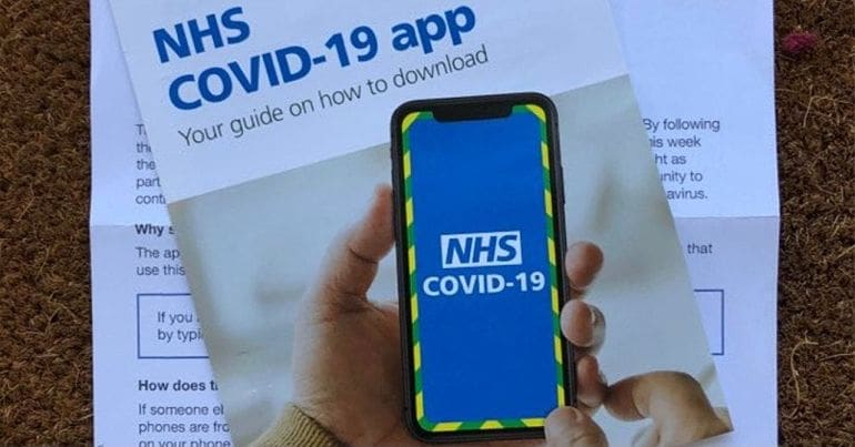 Image of phone showing NHS Covid-19 tracing app