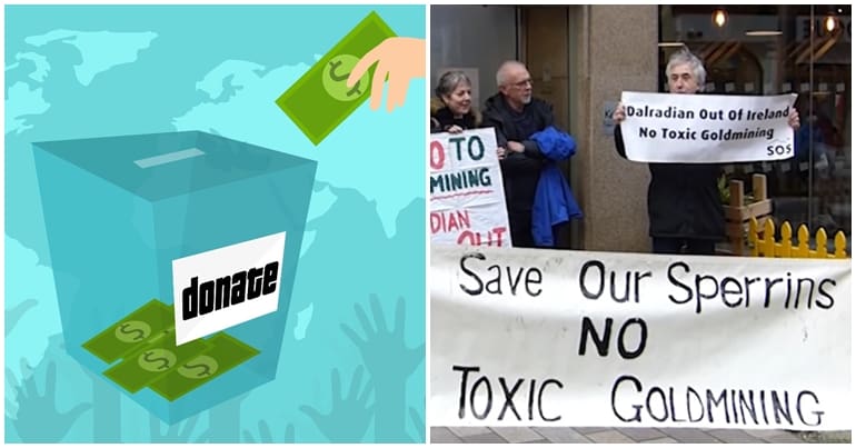 Donation box and anti-goldmine protesters