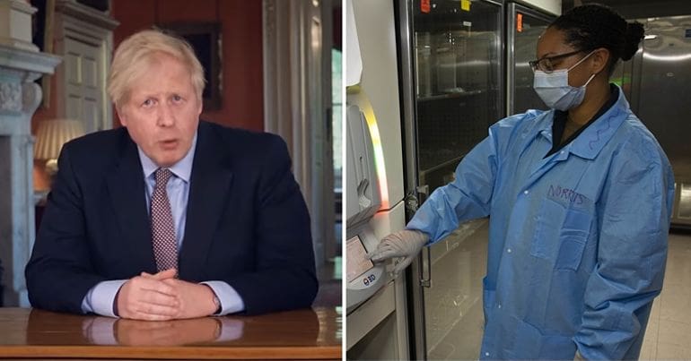 Boris Johnson and a worker in PPE