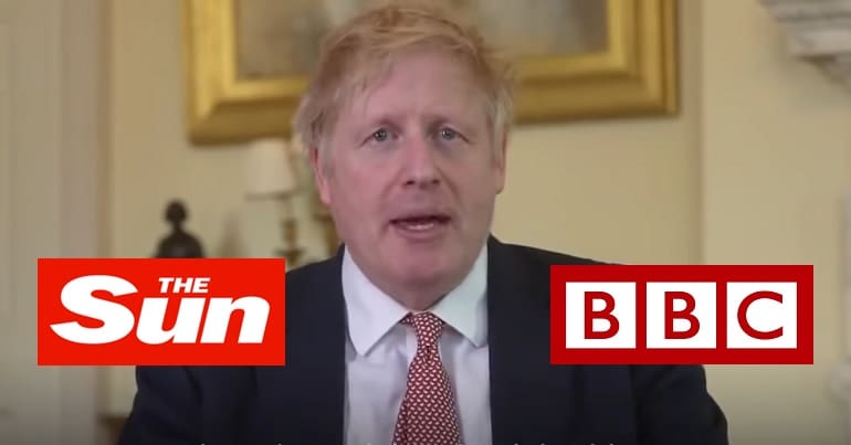 Boris Johnson and logos for the Sun and BBC