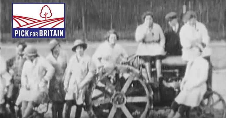 Pick For Britain logo over historic picture of farm workers