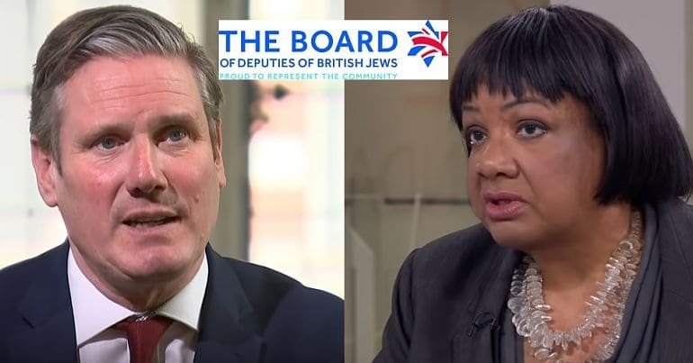 Keir Starmer, Diane Abbott and the Board of Deputies of British Jews logo