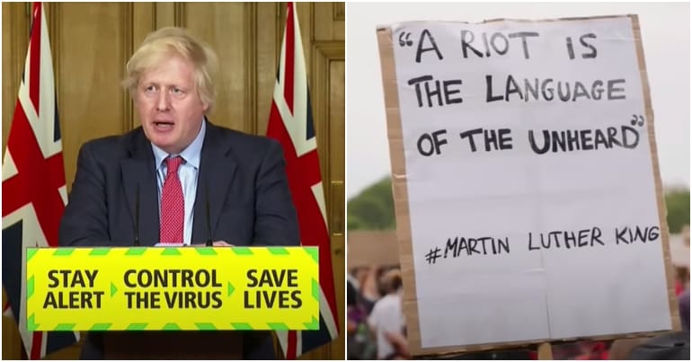 Boris Johnson and placard with quote "a riot is the language of the unheard"