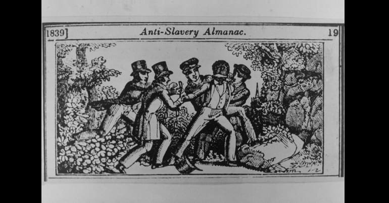 Four white men grabbing a Black man in a caricature of "slave hunters" which appeared in the 1839 Anti-Slavery Almanac