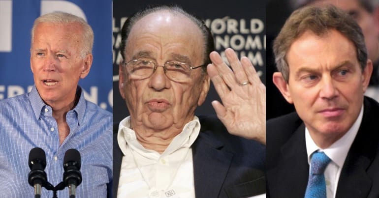 Former US vice president Joe Biden, owner of News Corp Rupert Murdoch and former UK prime minister Tony Blair.