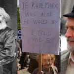 Karl Marx, a protester and Jeremy Corbyn
