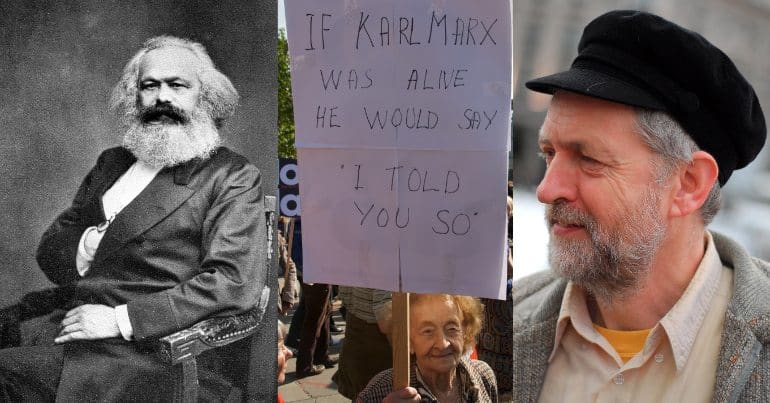 Karl Marx, a protester and Jeremy Corbyn