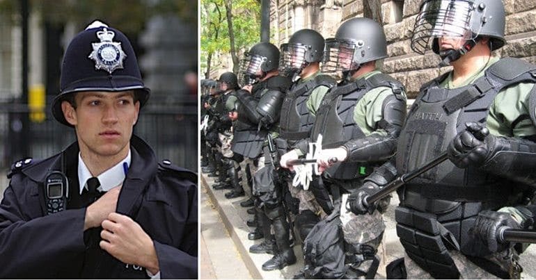 A UK Bobby and US riot police