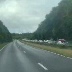 Queue of traffic on motorway going to Cornwall