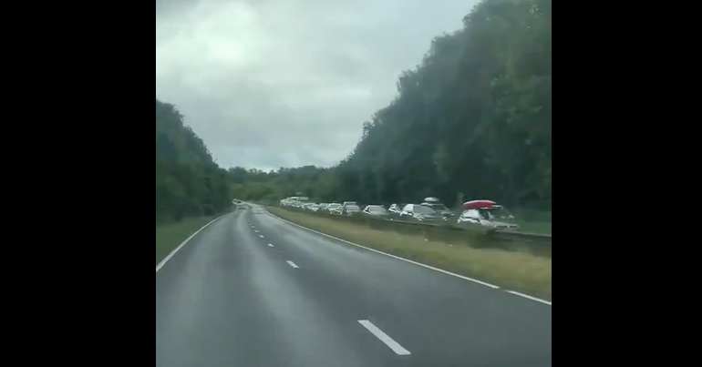 Queue of traffic on motorway going to Cornwall