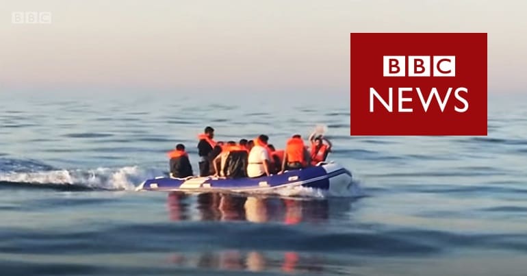 A dinghy with refugees in the English channel and the BBC Logo