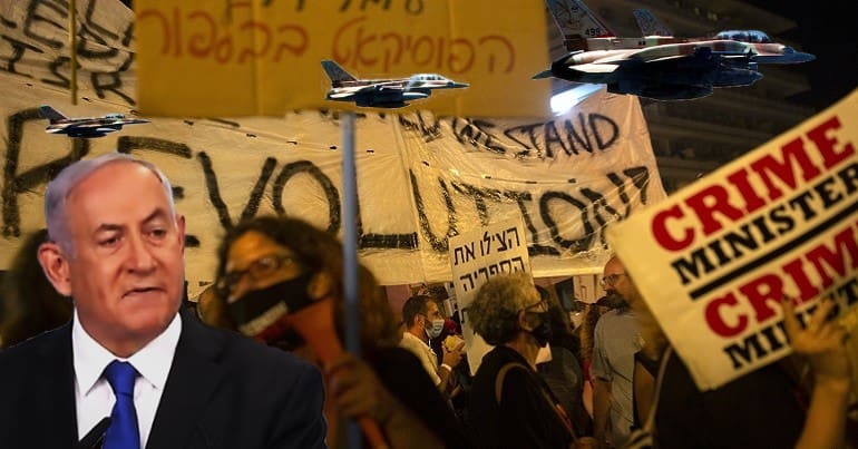 A protest in Jerusalem, Benjamin Netanyahu and Israeli fighter jets