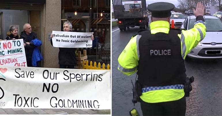 Anti-goldmine protesters in Belfast & PSNI checkpoint
