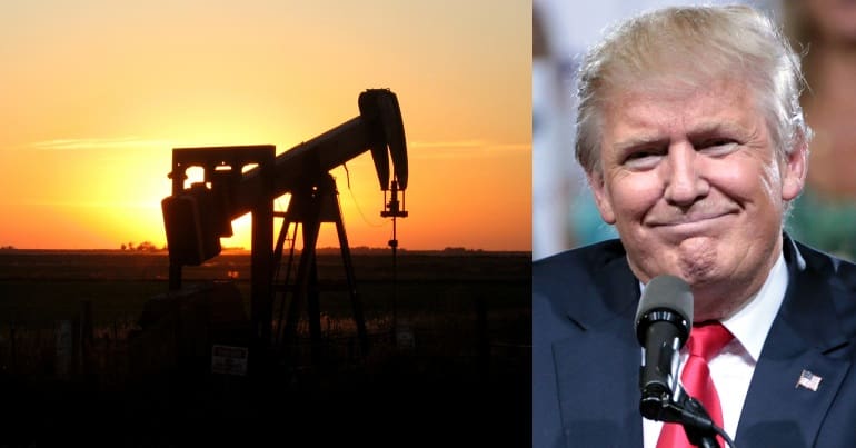 Images of an oil drill and Donald Trump