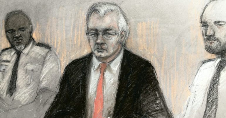 Court drawing of Julian Assange