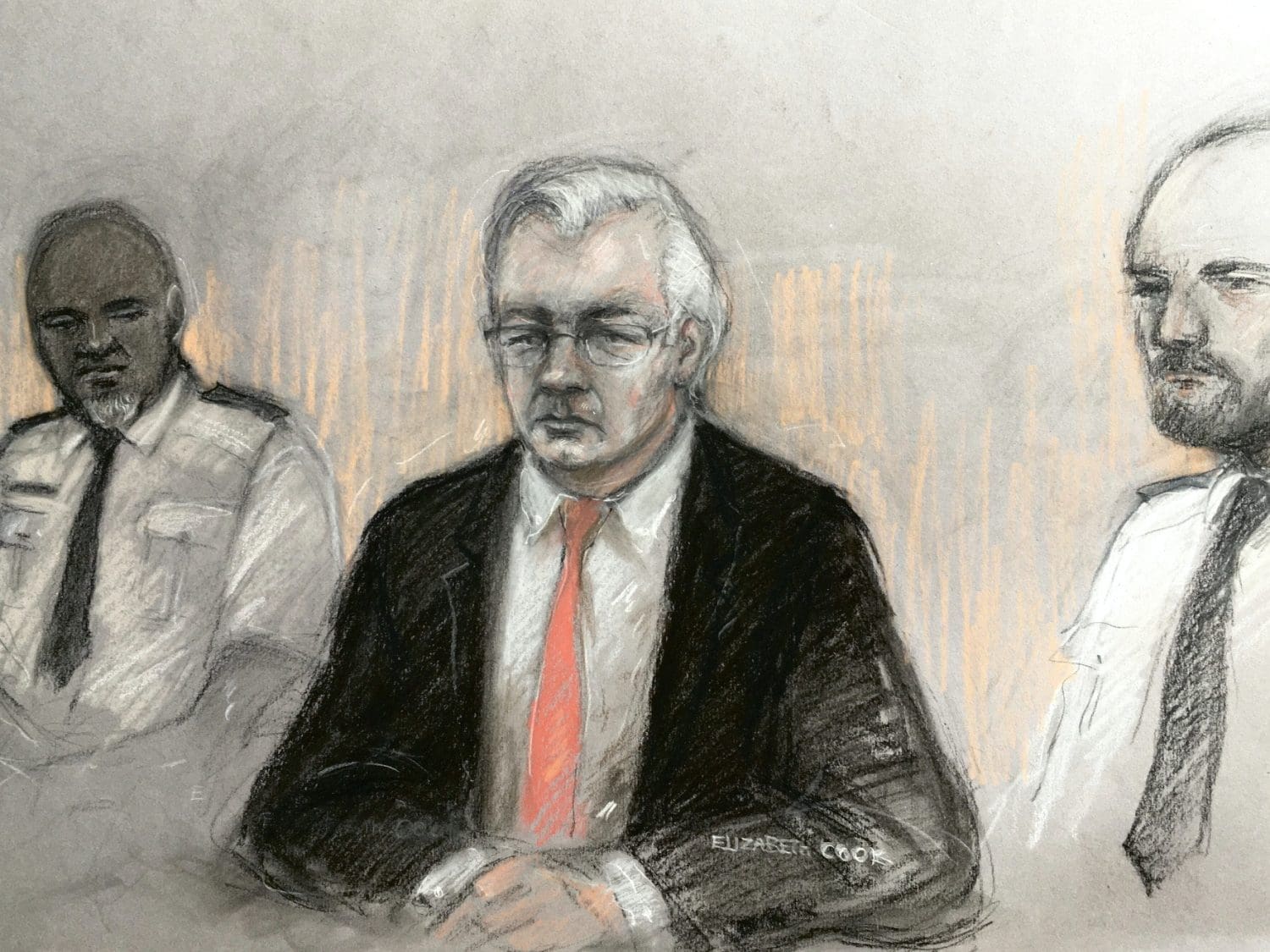 Court drawing of Julian Assange