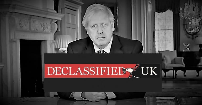 Boris Johnson and the Declassified UK logo
