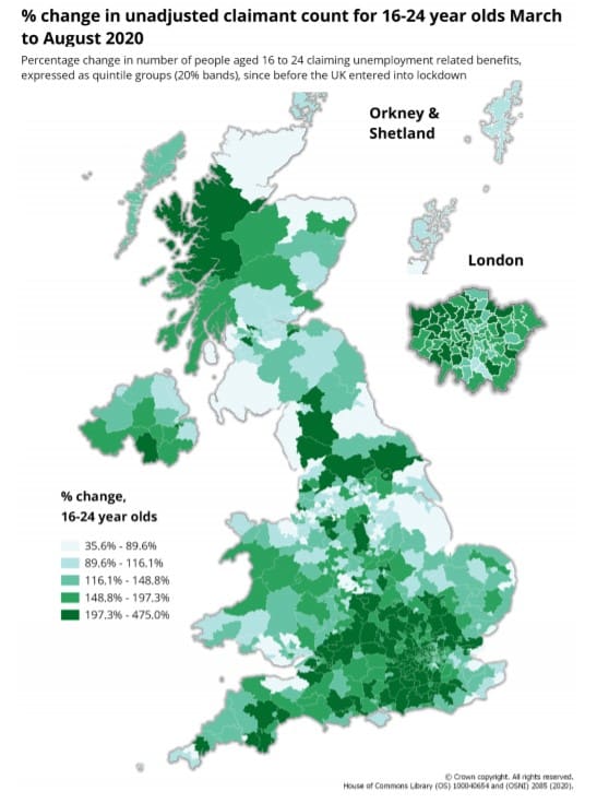 Geographical increases in young people claiming unemployment benefits
