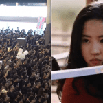 Split image of a sea of protesters in Hong Kong and actress Liu Yifei in Disney's live action Mulan
