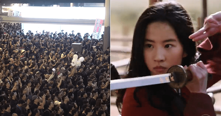 Split image of a sea of protesters in Hong Kong and actress Liu Yifei in Disney's live action Mulan