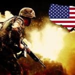 Soldier in front of explosions and an American flag
