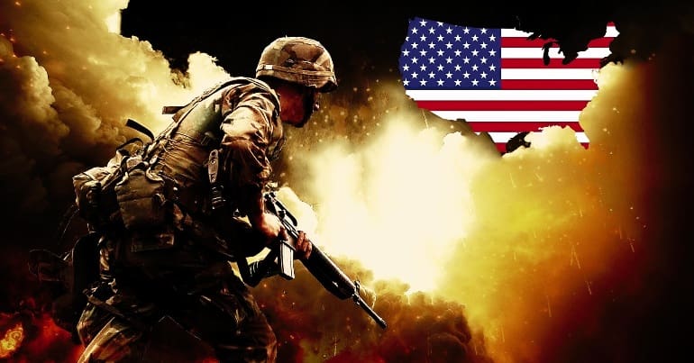 Soldier in front of explosions and an American flag