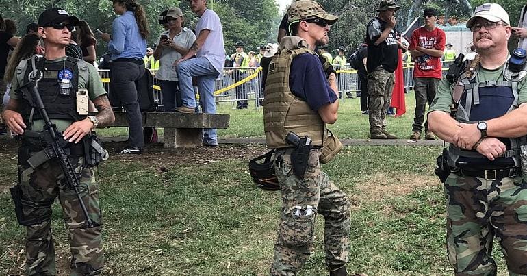 Far-right Oath Keepers patrol Emancipation Park at the Charlottesville "Unite the Right" Rally in 2017