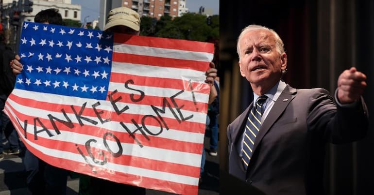 Yankees go home written on US flag and Joe Biden