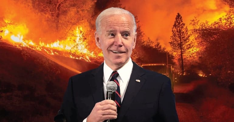 Joe Biden in front of an out of control forest fire