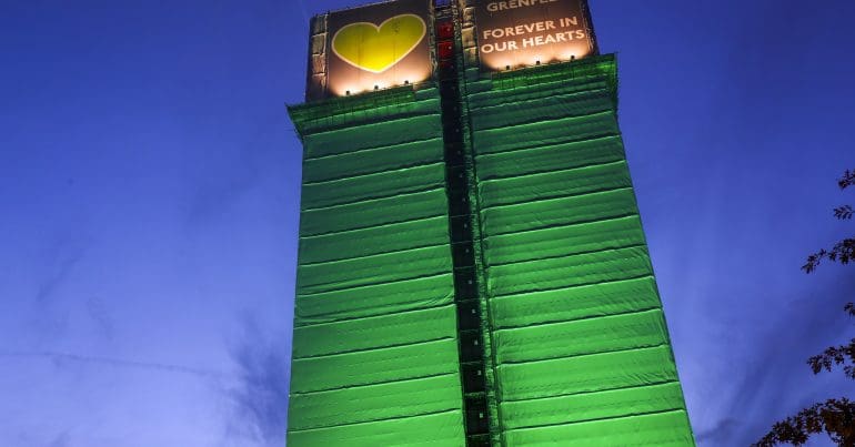 The Grenfell building with scaffolding around it