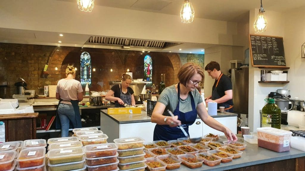 Foodbank staff preparing food