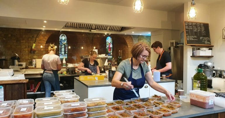 Foodbank staff preparing food