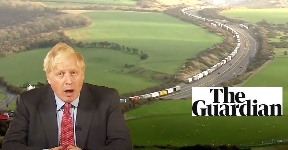 Boris Johnson a queue to Dover and the Guardian logo